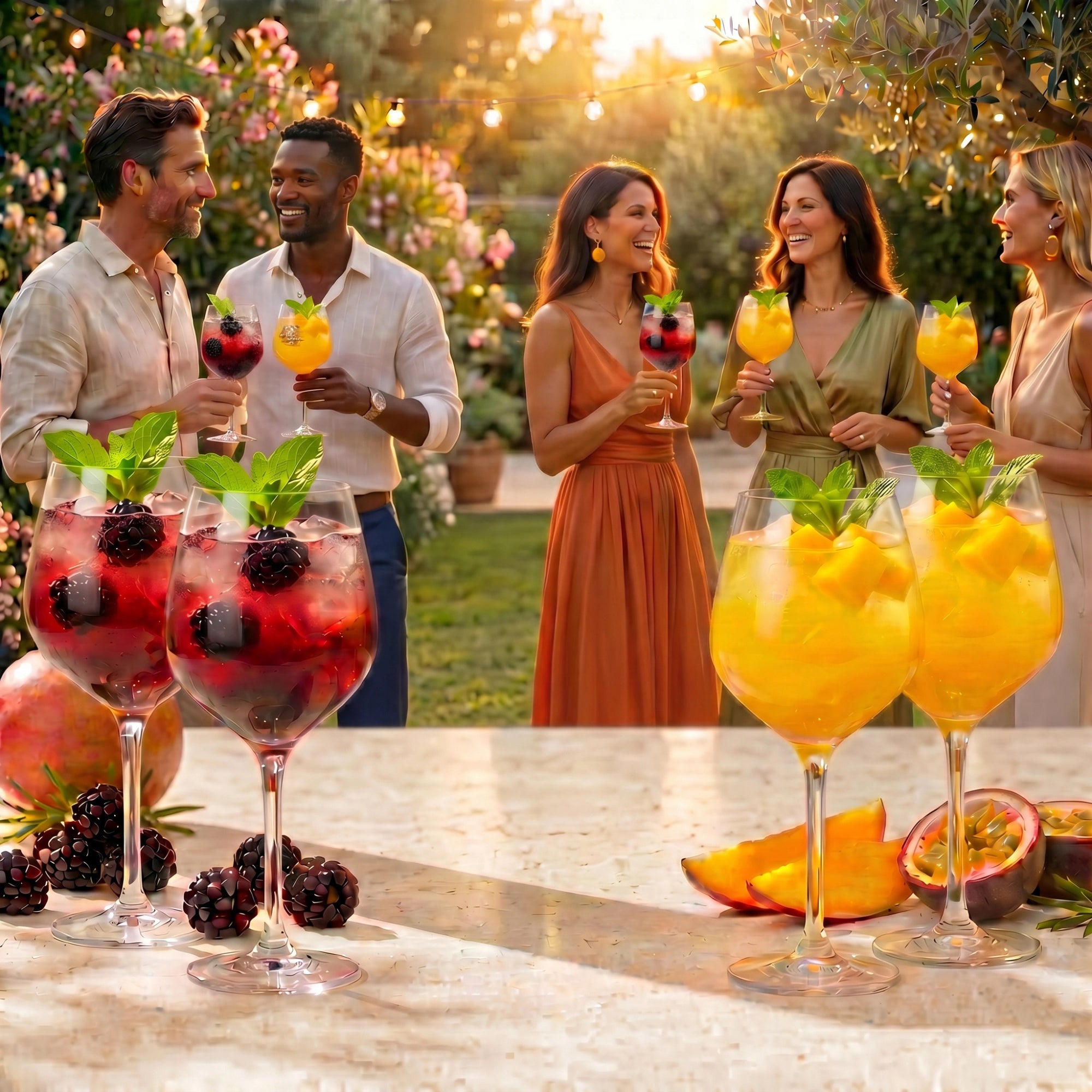 Solivér 4er Genuss-Bundle: Freunde genießen bei einem sommerlichen Gartenabend handgemachten Brombeer und Mango-Maracuja Gin-Likör aus dem Sauerland – fruchtige Cocktails mit Brombeeren, Mango und Minze im Gegenlicht der Abendsonne.