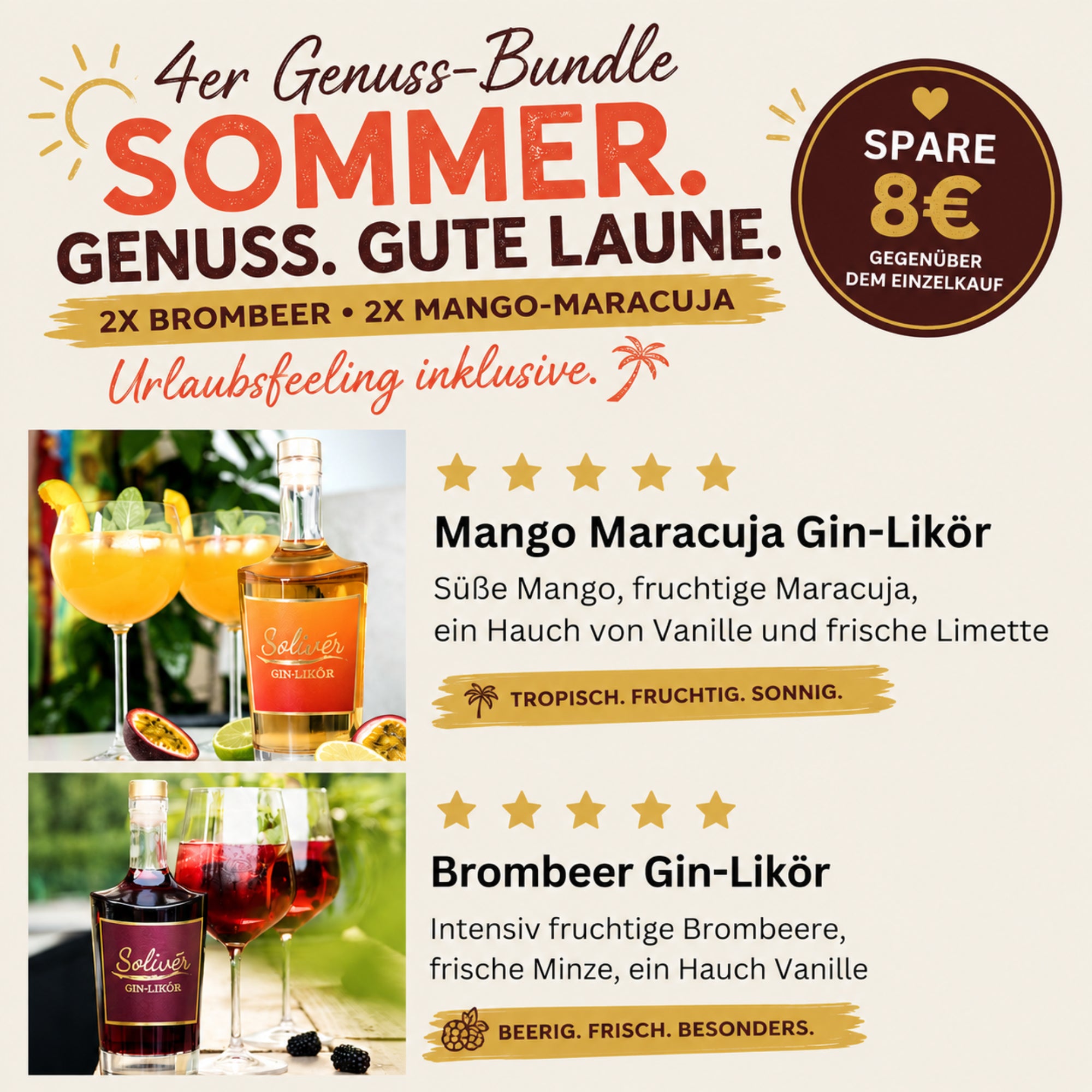Solivér 4er Genuss-Bundle – Sommer, Genuss, gute Laune: Infografik mit beiden Sorten im Überblick – Mango-Maracuja Gin-Likör (tropisch, fruchtig, sonnig) und Brombeer Gin-Likör (beerig, frisch, besonders), je 5 Sterne bewertet, 2× Brombeer und 2× Mango-Maracuja, spare 8 € gegenüber dem Einzelkauf.
