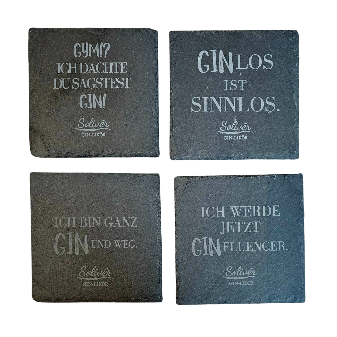 Quadratische Schiefer-Untersetzer mit Gin-Sprüchen. verschiedene Motive - im 4er Set