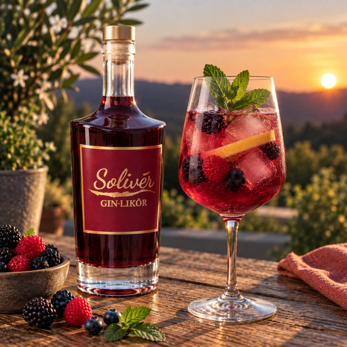 Solivér Brombeer Gin-Likör neben einem fruchtigen Brombeer-Cocktail mit frischen Beeren, Eiswürfeln und Minze auf einem Holztisch bei Sonnenuntergang.