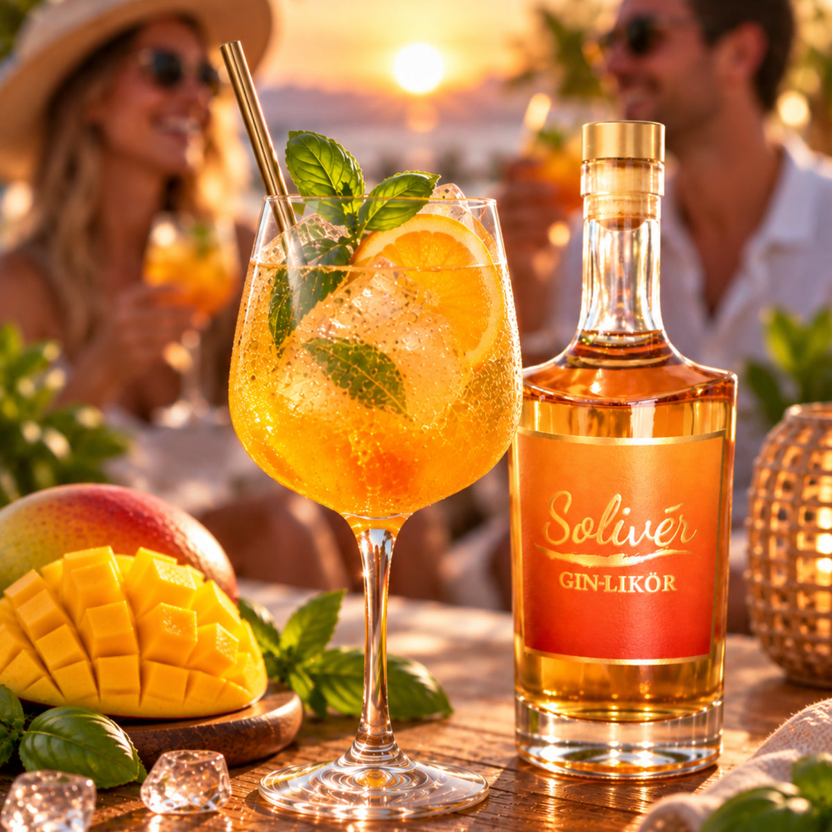 Solivér Mango Maracuja Gin-Likör neben einem erfrischenden orangefarbenen Cocktail mit Eis, frischer Orange und Minze. Im Hintergrund genießen zwei Menschen gemeinsam den Sonnenuntergang bei einem gemütlichen Abend.