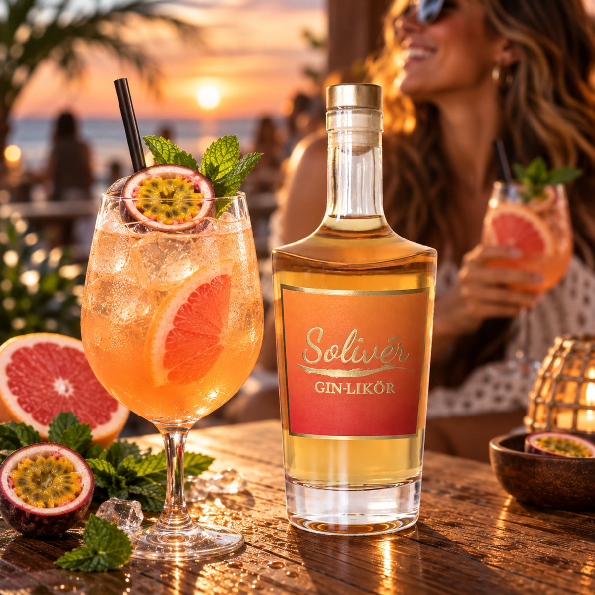 Erfrischender Mango-Maracuja-Spritz mit Eiswürfeln, Grapefruit, Passionsfrucht und Minze neben einer Flasche Solivér Gin-Likör. Im Hintergrund genießt eine Frau den fruchtigen Cocktail bei Sonnenuntergang.