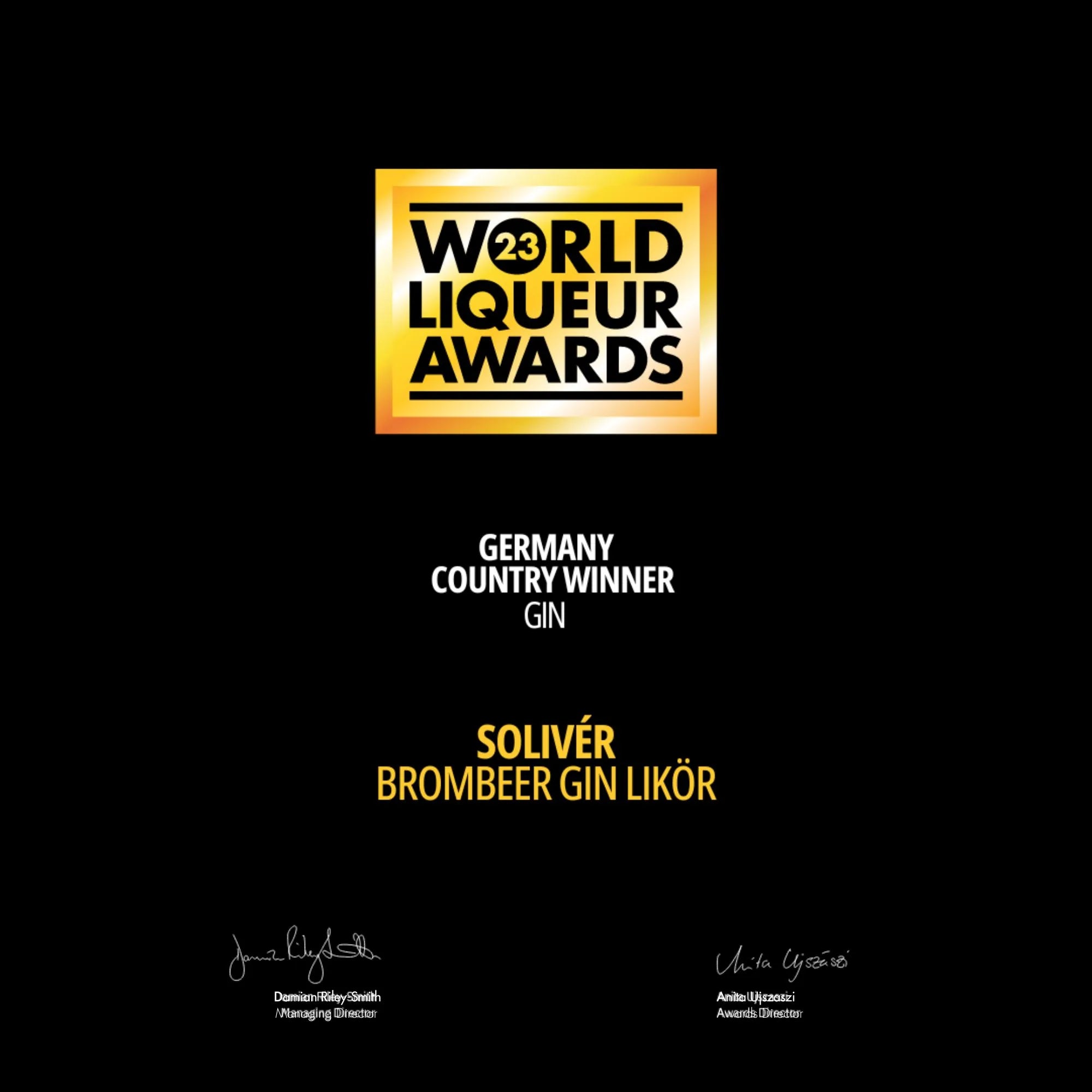 Auszeichnung bei den World Liqueur Awards 23 Solivér Brombeer Gin-Likör zum Country Winner Germany