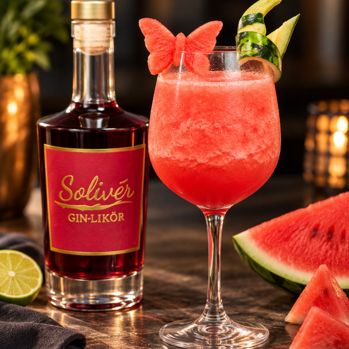 Solivér Brombeer Gin-Likör neben einem fruchtig roten Cocktail mit Wassermelonengeschmack, dekoriert mit einer Wassermelonenscheibe und frischer Zitrusschale. Die sommerliche Getränkekreation steht auf einem Holztisch mit frischer Limette und Wassermelone im Hintergrund.