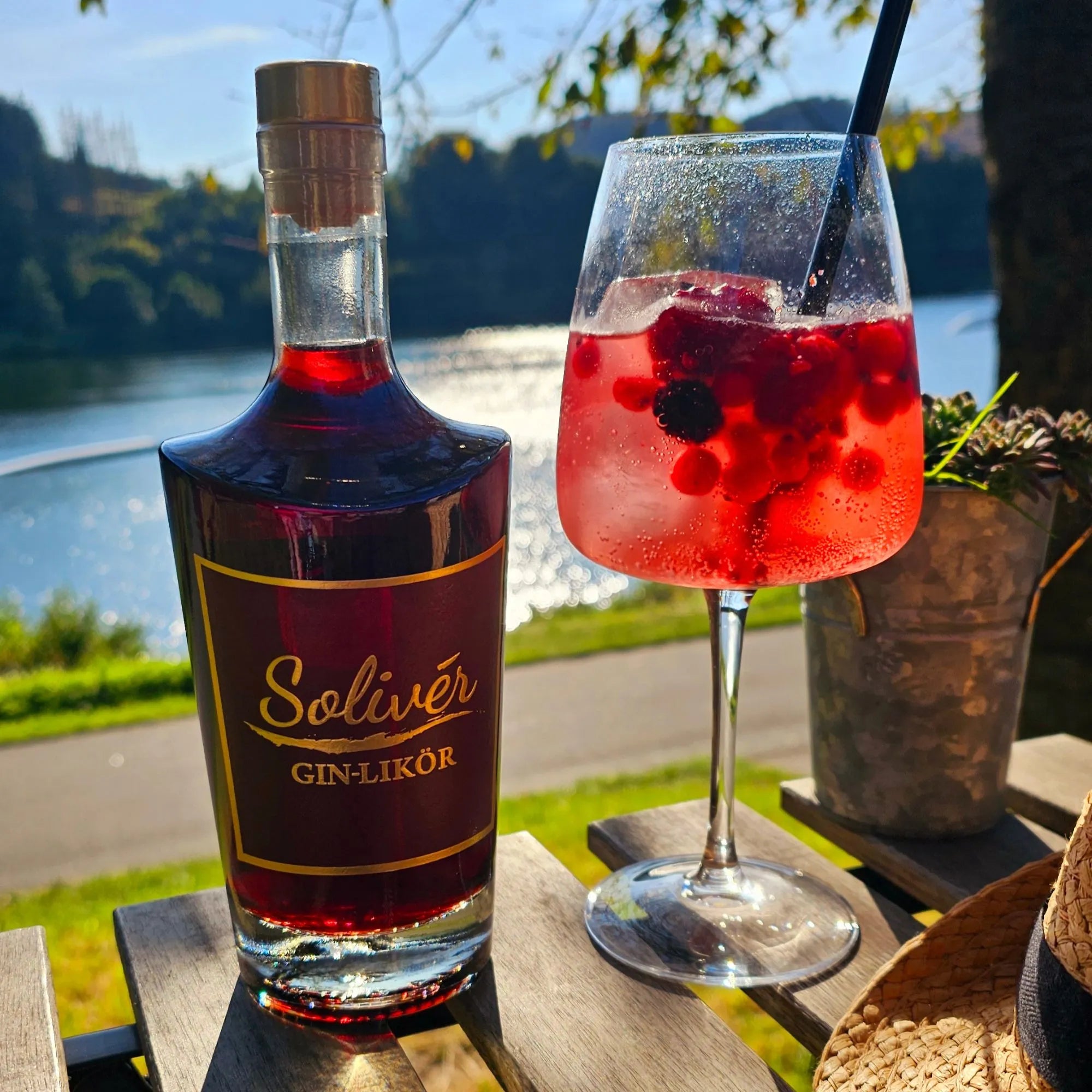 Solivér Brombeer Gin-Likör mit Beeren auf Eis am Flussufer – fruchtiger Sundowner für entspannte Genussmomente.