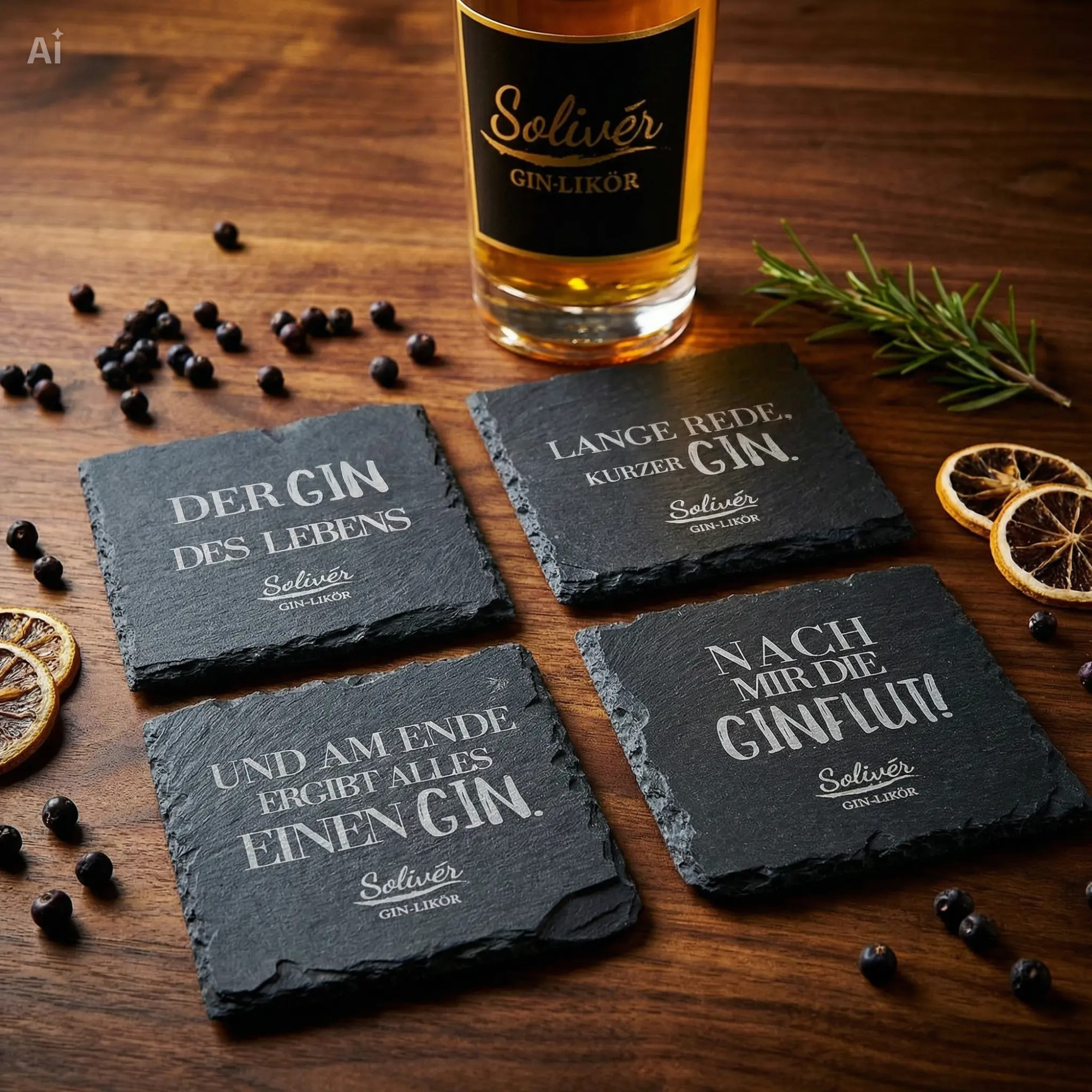 Vier schwarze Schiefer-Untersetzer mit humorvollen Gin-Sprüchen von Solivér Gin-Likör auf Holztisch, dekoriert mit Wacholderbeeren, Rosmarin und getrockneten Orangenscheiben.