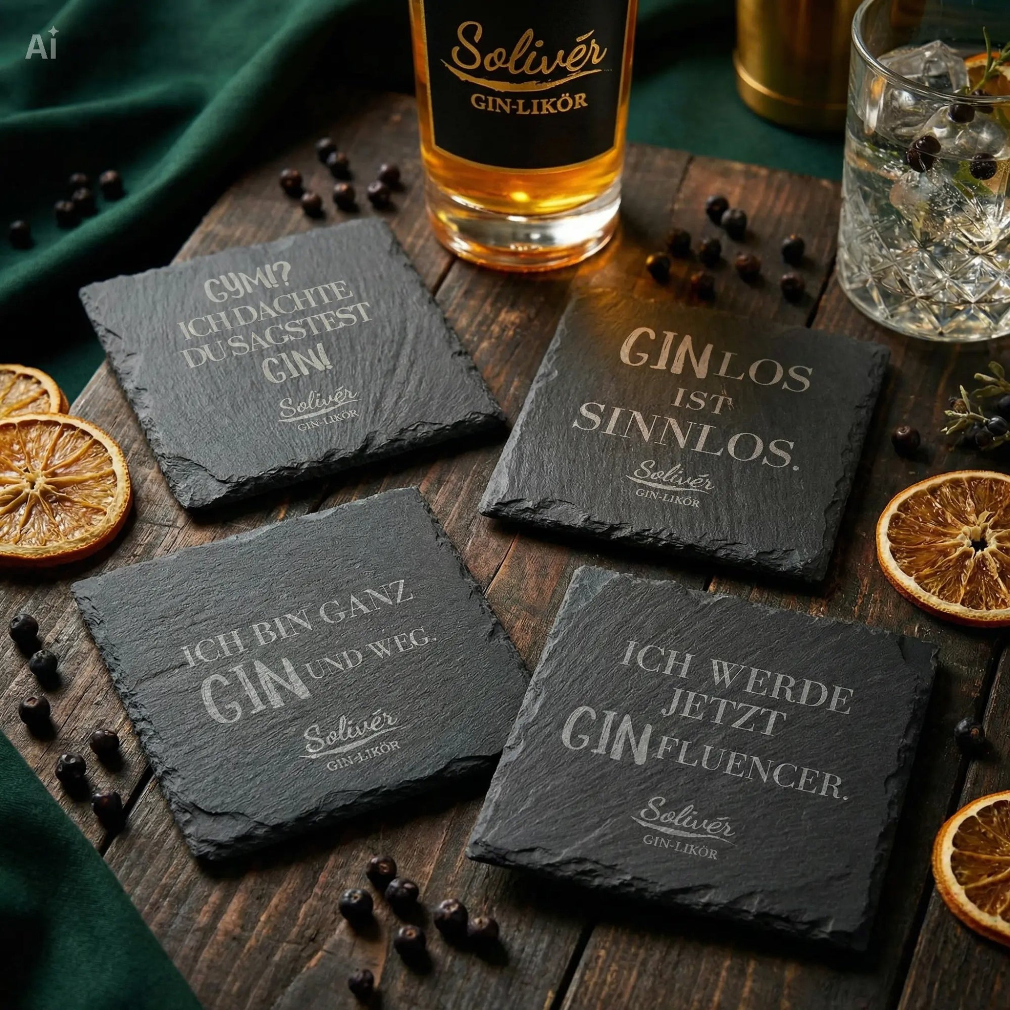 Vier schwarze Schiefer-Untersetzer mit humorvollen Gin-Sprüchen von Solivér Gin-Likör auf Holztisch, dekoriert mit Wacholderbeeren, getrockneten Orangenscheiben und Barzubehör.