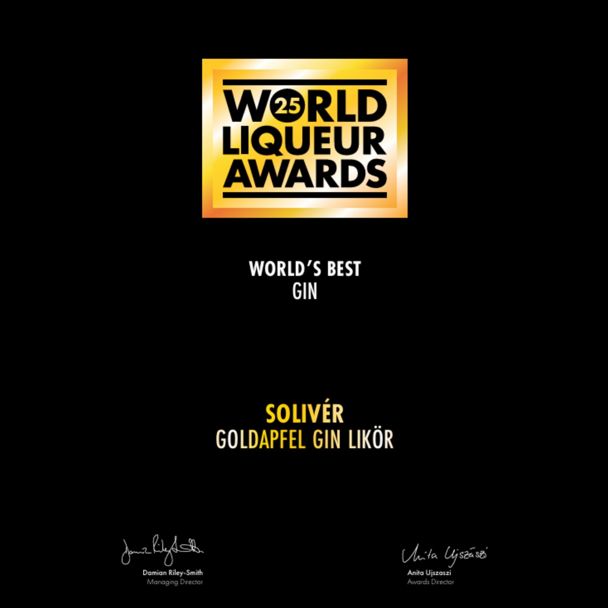 Auszeichnung der World Liqueur Awards für den Solivér Goldapfel Gin-Likör als World’s Best Gin.