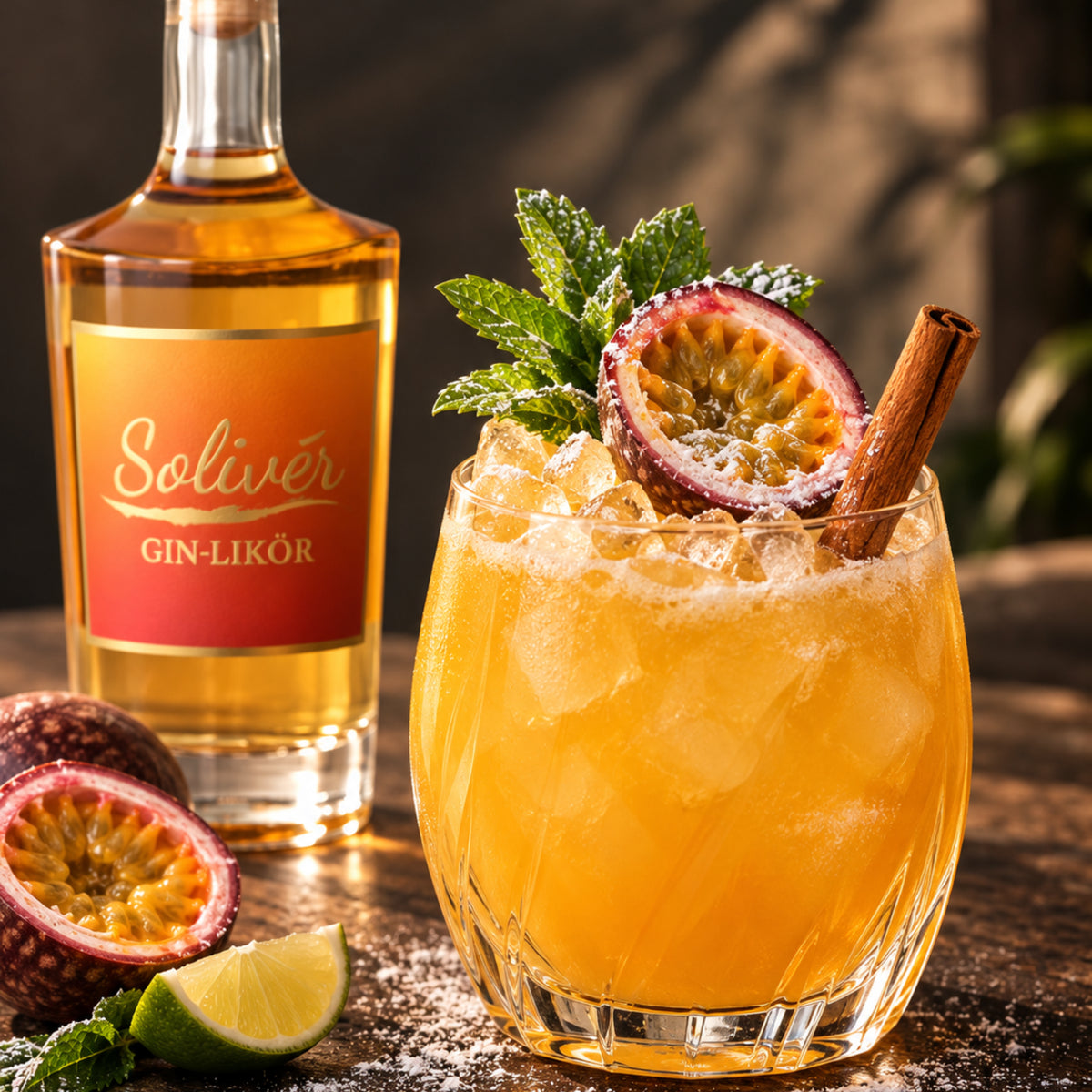 Solivér Mango Maracuja Gin-Likör neben einem leuchtend orangefarbenen Cocktail mit Eiswürfeln, frischer Maracuja, Zimtstange und Minze. Limettenspalten und tropische Früchte ergänzen die stimmungsvolle Präsentation auf einem Holztisch.