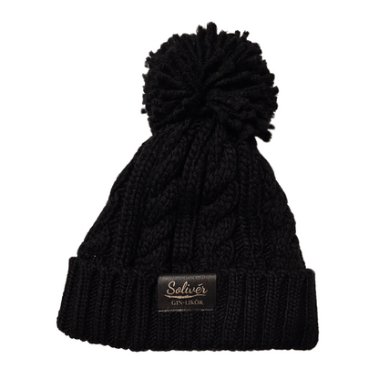 Cable Knit Melange Beanie mit Bommel und einzigartigen Patch