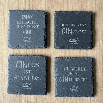 Quadratische Schiefer-Untersetzer mit Gin-Sprüchen. verschiedene Motive - im 4er Set