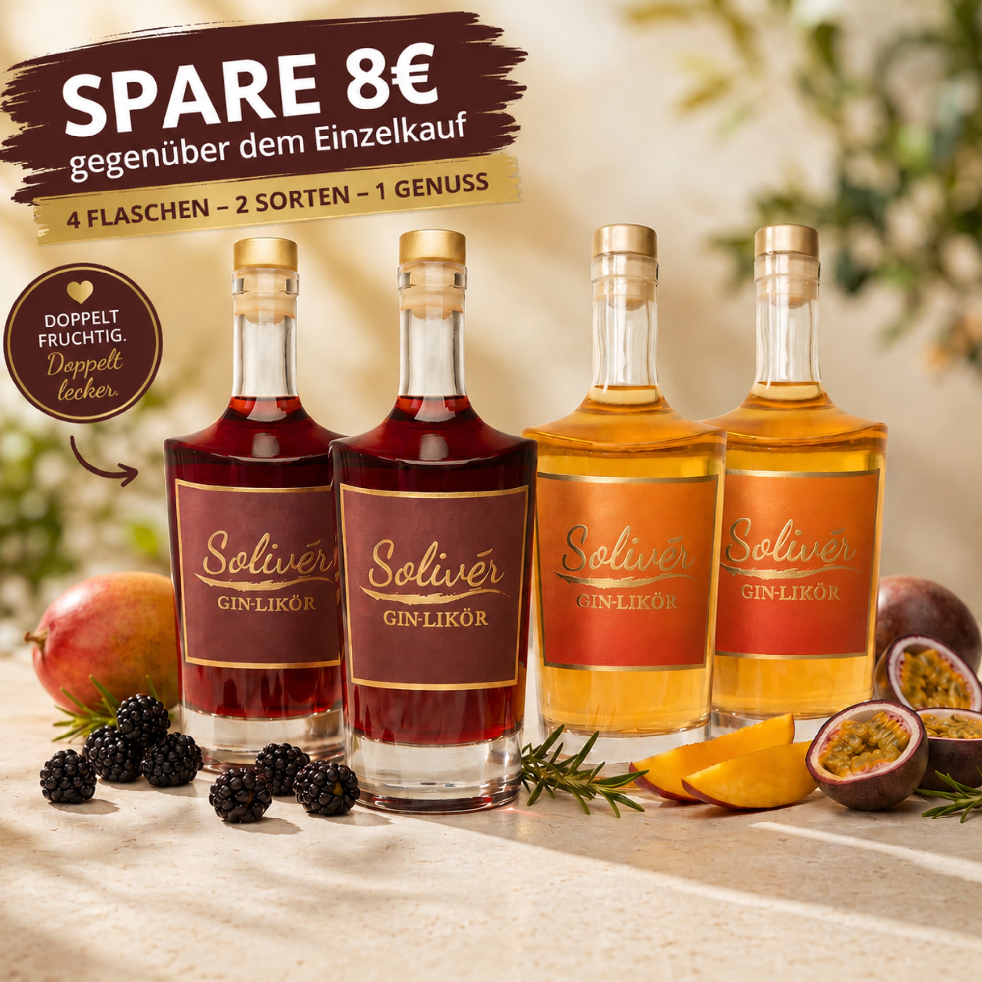 Solivér 4er Genuss-Bundle: 4 Flaschen handgemachter Gin-Likör aus dem Sauerland – 2× Brombeer und 2× Mango-Maracuja, dekoriert mit frischen Brombeeren, Mangoscheiben und Maracuja. Spare 8 € gegenüber dem Einzelkauf.