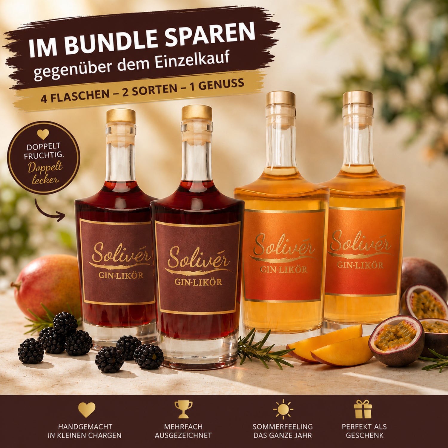 Solivér 4er Genuss-Bundle: 4 Flaschen handgemachter Gin-Likör aus dem Sauerland – 2× Brombeer und 2× Mango-Maracuja, dekoriert mit frischen Brombeeren, Mangoscheiben und Maracuja. Im Bundle sparen gegenüber dem Einzelkauf.