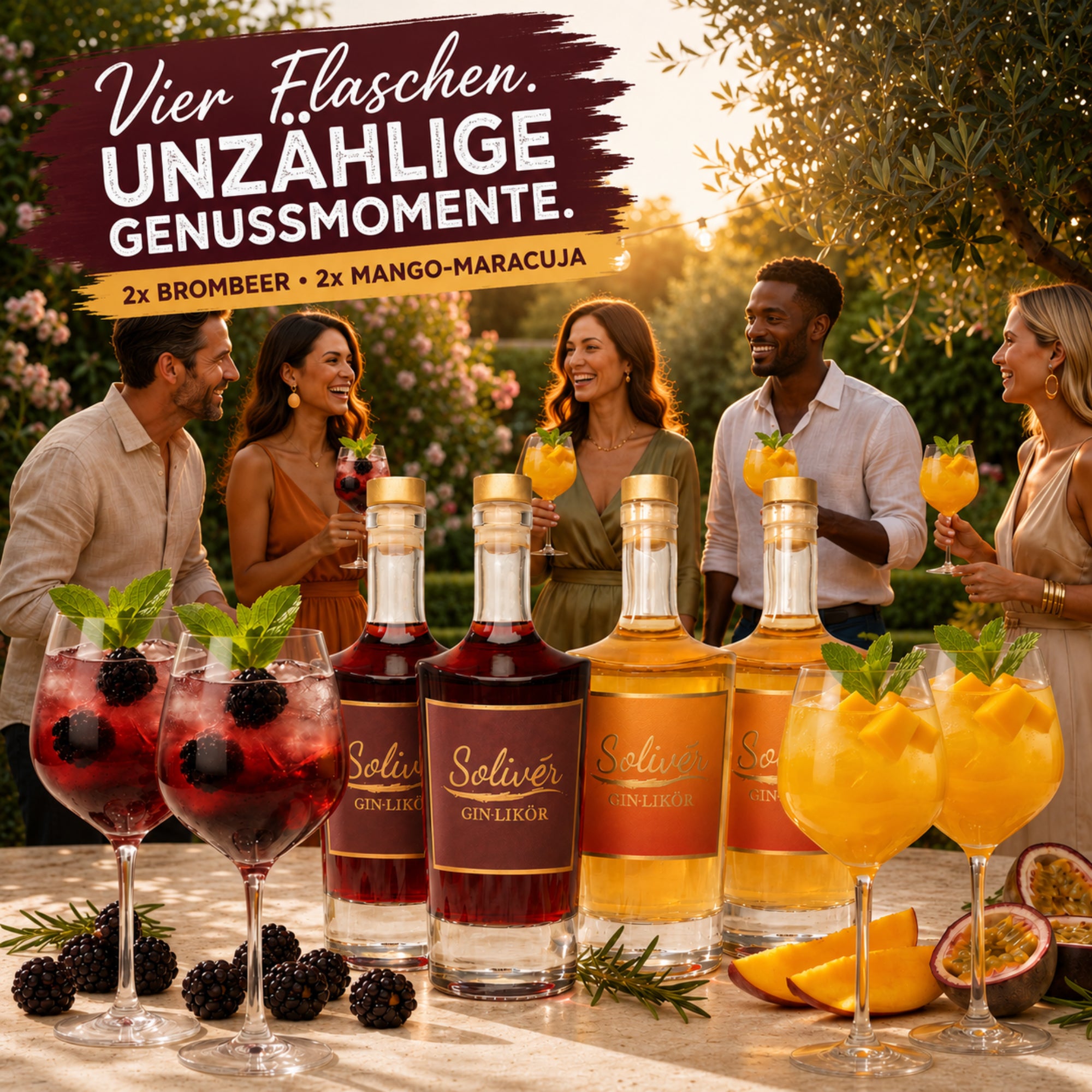 Solivér 4er Genuss-Bundle: Fünf Freunde genießen bei einem sommerlichen Gartenabend handgemachten Gin-Likör aus dem Sauerland – 2× Brombeer und 2× Mango-Maracuja Gin-Likör, serviert als fruchtige Cocktails mit Brombeeren, Mango und Minze im warmen Abendlicht.