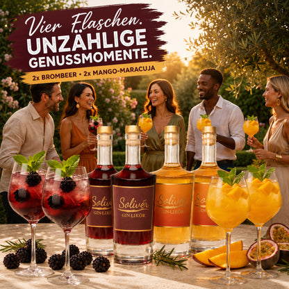 Solivér 4er Genuss-Bundle: Fünf Freunde genießen bei einem sommerlichen Gartenabend handgemachten Gin-Likör aus dem Sauerland – 2× Brombeer und 2× Mango-Maracuja Gin-Likör, serviert als fruchtige Cocktails mit Brombeeren, Mango und Minze im warmen Abendlicht.