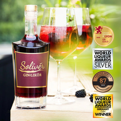 Solivér Brombeer Gin-Likör in eleganter Flasche, serviert auf Eis mit frischen Beeren in Weingläsern – sommerlicher Genuss im Freien“