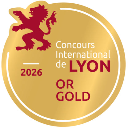 Goldmedaille des Concours International de Lyon 2026 mit rotem Löwen und Aufschrift Or Gold als Auszeichnung für hochwertige Spirituosen.