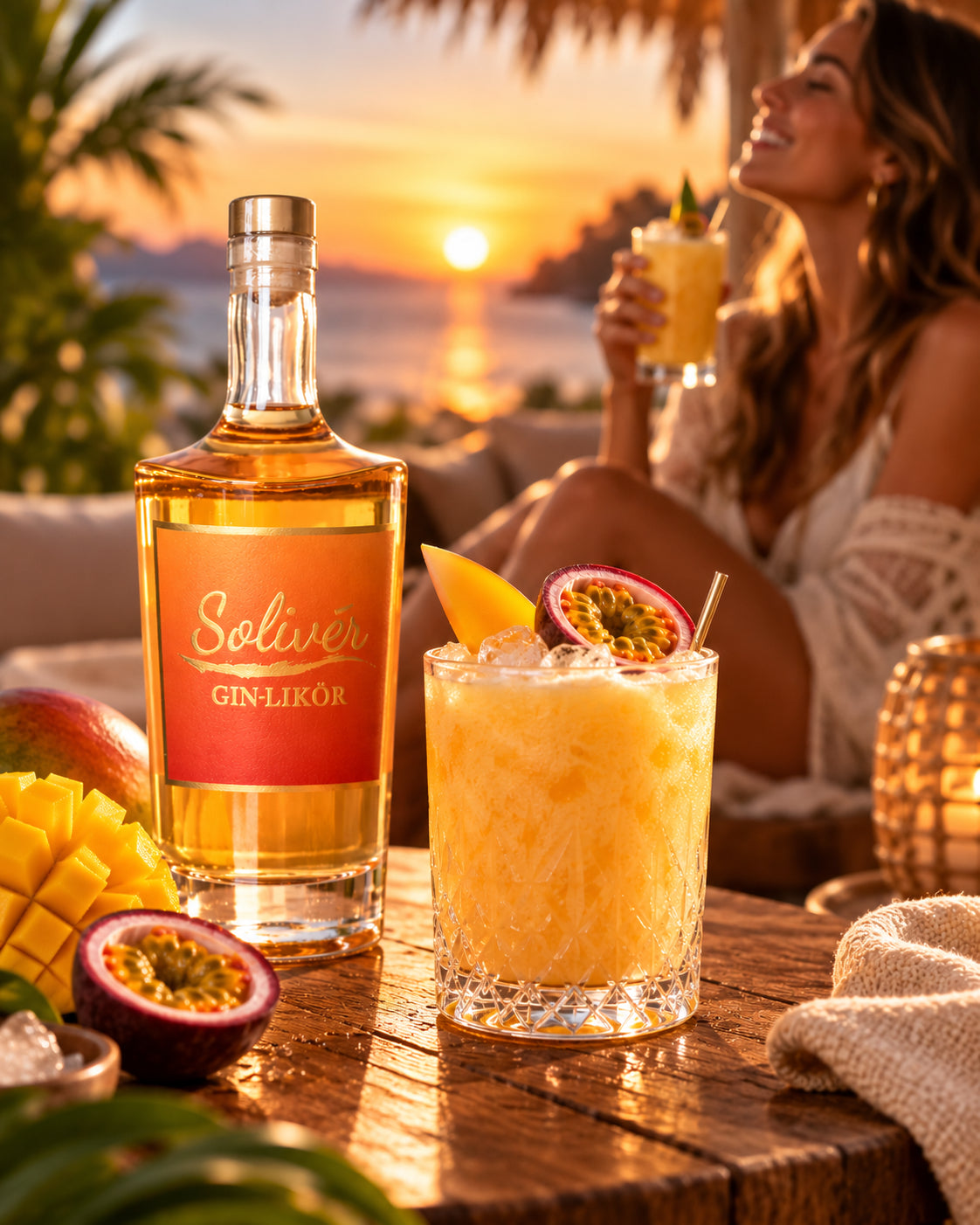 Solivér Mango Maracuja Gin-Likör neben einem fruchtigen, orangefarbenen Cocktail mit Eis, Mango und Passionsfrucht. Im Hintergrund genießt eine Frau ihren Drink bei einem stimmungsvollen Sonnenuntergang am Meer.