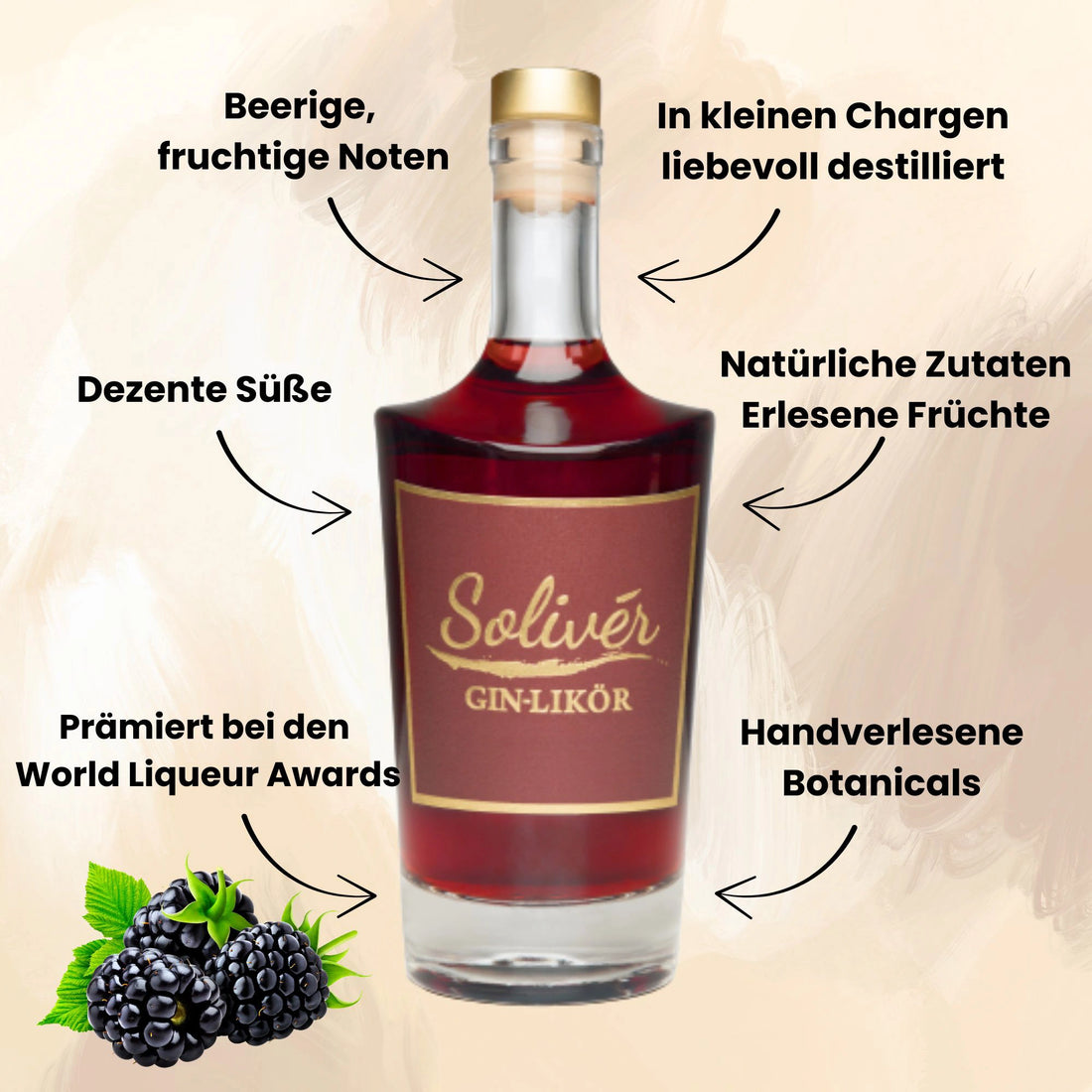 Solivér Brombeer Gin-Likör 500ml – Infografik: Beerige, fruchtige Noten, erlesene Früchte, handverlesene Botanicals, dezente Süße, in kleinen Chargen liebevoll destilliert, prämiert bei den World Liqueur Awards.