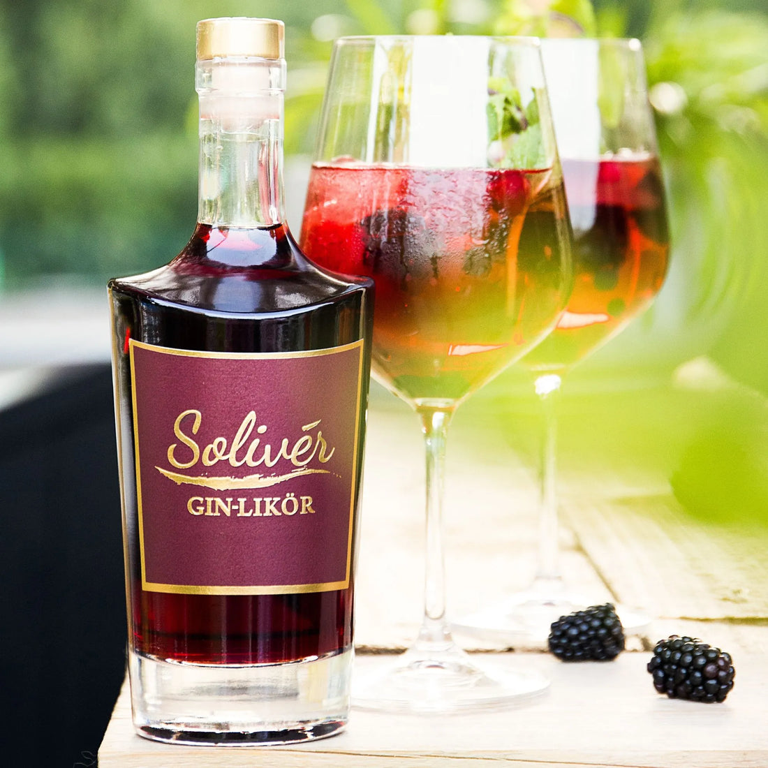 Solivér Brombeer Gin-Likör mit Eis und Beeren serviert – fruchtig-frischer Genuss für entspannte Sommermomente.