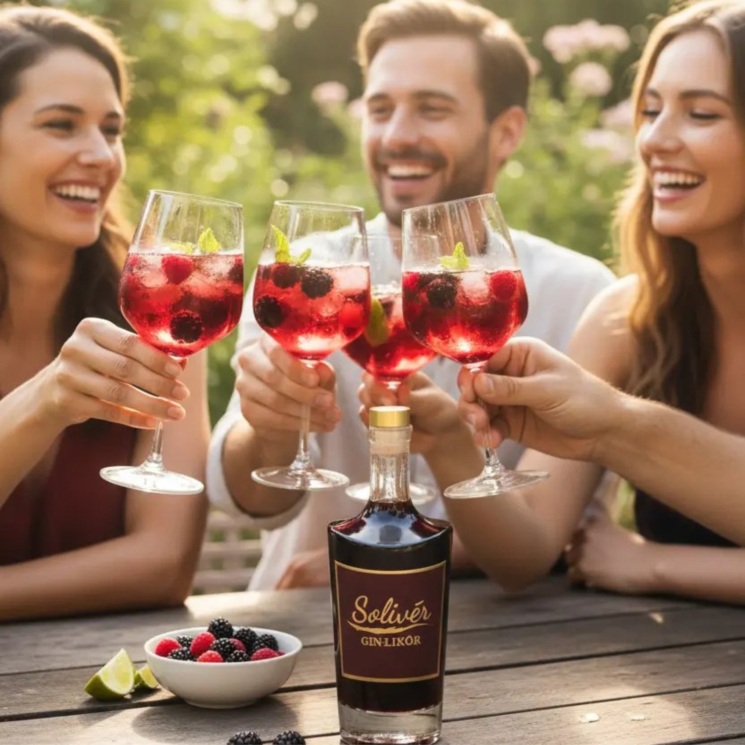 Solivér Brombeer Gin-Likör Flasche auf Holztisch im Garten, davor frische Beeren und vier Freunde stoßen lachend mit roten Cocktails in Weingläsern an.