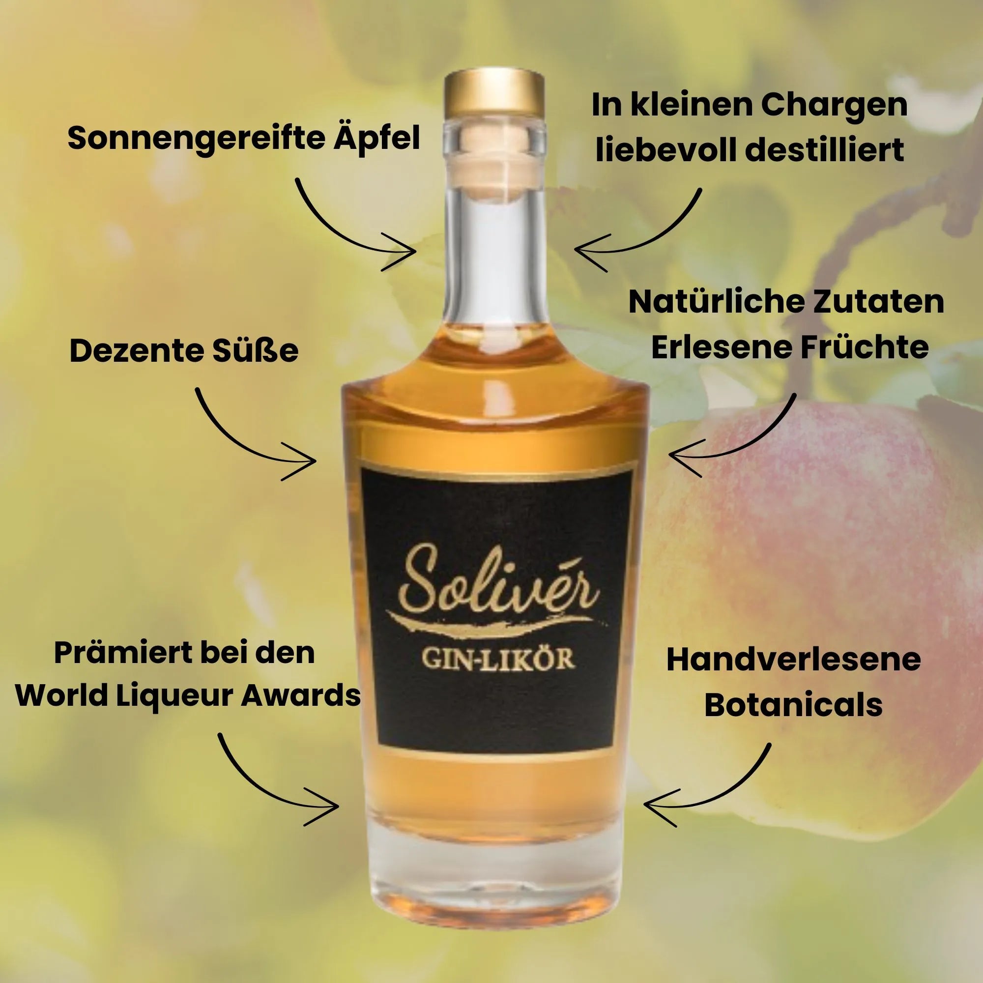 Solivér Goldapfel Gin-Likör 500ml – Infografik: Sonnengereifte Äpfel, erlesene Früchte, handverlesene Botanicals, dezente Süße, in kleinen Chargen liebevoll destilliert, prämiert bei den World Liqueur Awards.