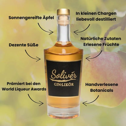 Solivér Goldapfel Gin-Likör 500ml – Infografik: Sonnengereifte Äpfel, erlesene Früchte, handverlesene Botanicals, dezente Süße, in kleinen Chargen liebevoll destilliert, prämiert bei den World Liqueur Awards.