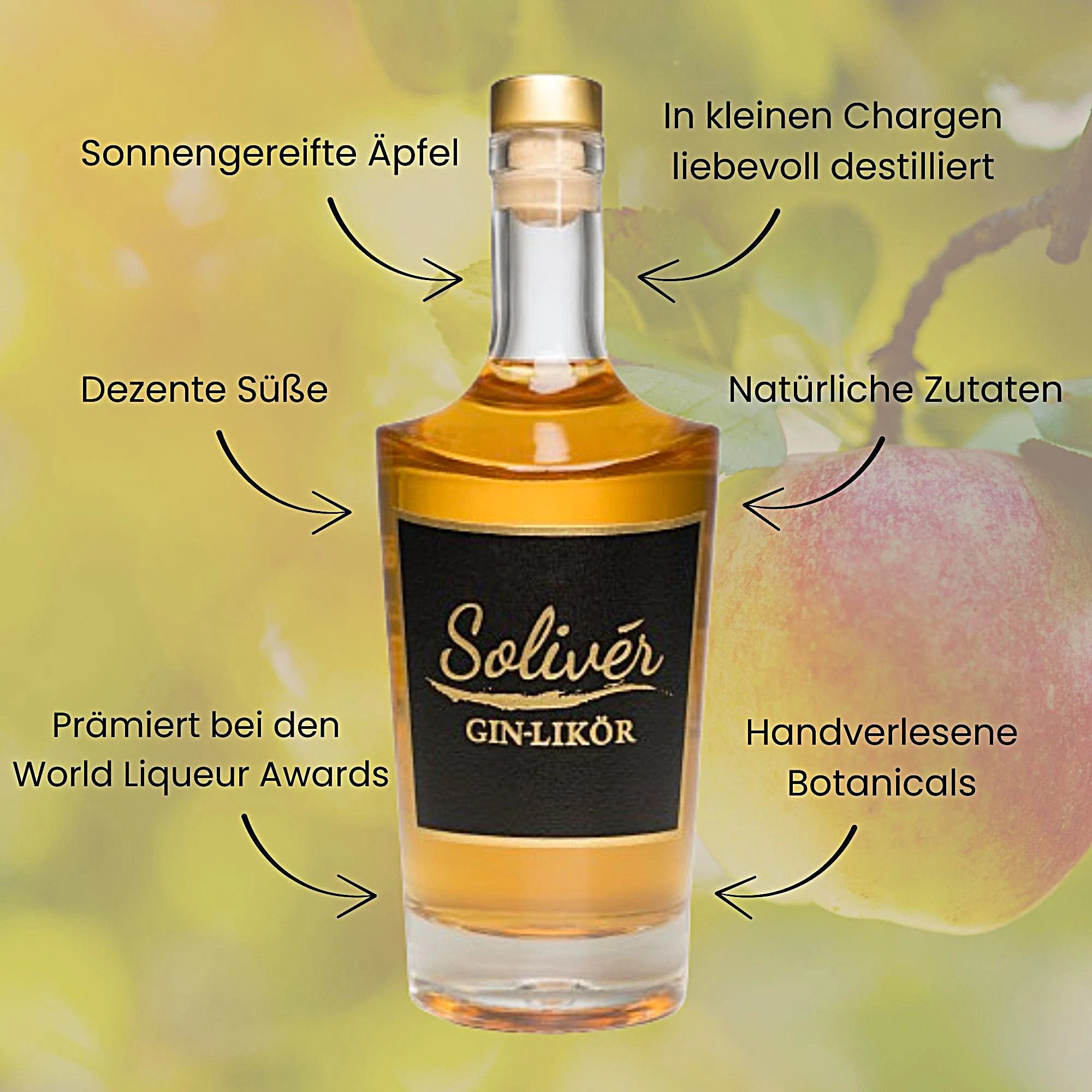 Flasche Solivér Goldapfel Gin-Likör vor gelbem Hintergrund mit Apfel, umgeben von Text-Highlights zu Vorteilen wie Sonnengereifte Äpfel, dezente Süße, natürliche Zutaten und handverlesene Botanicals.
