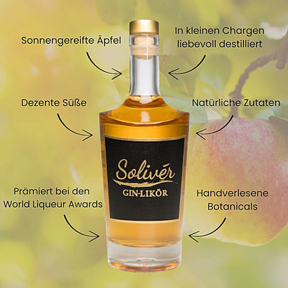 Flasche Solivér Goldapfel Gin-Likör vor gelbem Hintergrund mit Apfel, umgeben von Text-Highlights zu Vorteilen wie Sonnengereifte Äpfel, dezente Süße, natürliche Zutaten und handverlesene Botanicals.