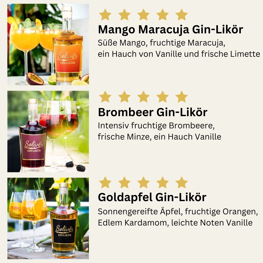 Drei Solivér Gin-Liköre im Vergleich: Mango Maracuja mit Limette und Vanille, Brombeer mit Minze und Vanille sowie Goldapfel mit Orange, Kardamom und Vanille – jeweils mit passenden Drinks serviert.