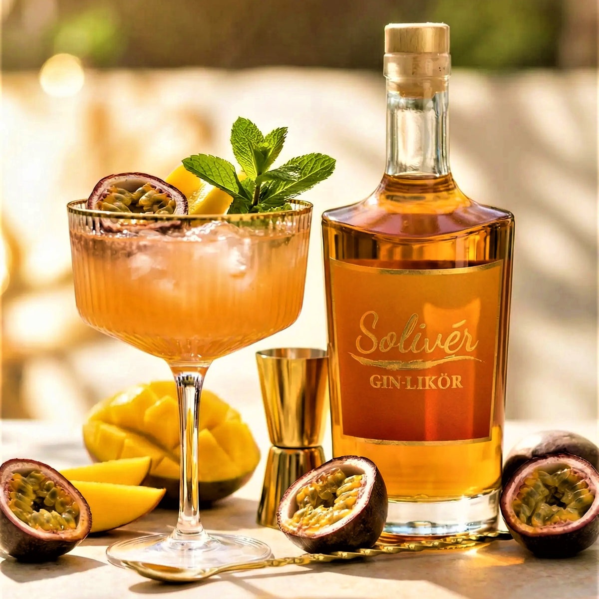 Solivér Mango Maracuja Gin-Likör Flasche neben tropischem Cocktail im Glas mit Eis, Minze und Passionsfrucht, dekoriert mit frischer Mango und Barzubehör im warmen Sonnenlicht.
