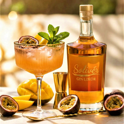Solivér Mango Maracuja Gin-Likör Flasche neben tropischem Cocktail im Glas mit Eis, Minze und Passionsfrucht, dekoriert mit frischer Mango und Barzubehör im warmen Sonnenlicht.