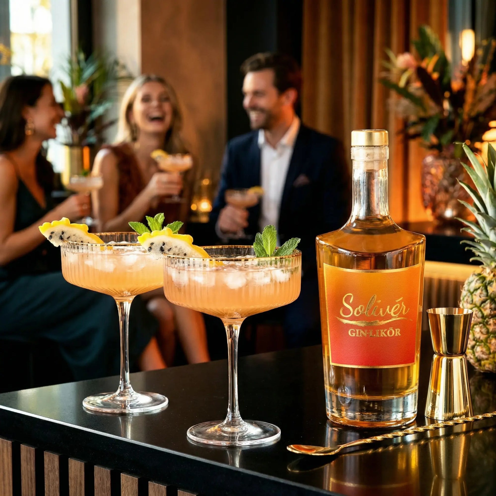 Solivér Mango-Maracuja Gin-Likör Flasche auf einer Bar neben zwei Cocktails mit Eis, Minze und exotischer Garnitur, im Hintergrund lachende Freunde in stilvoller Abendatmosphäre.