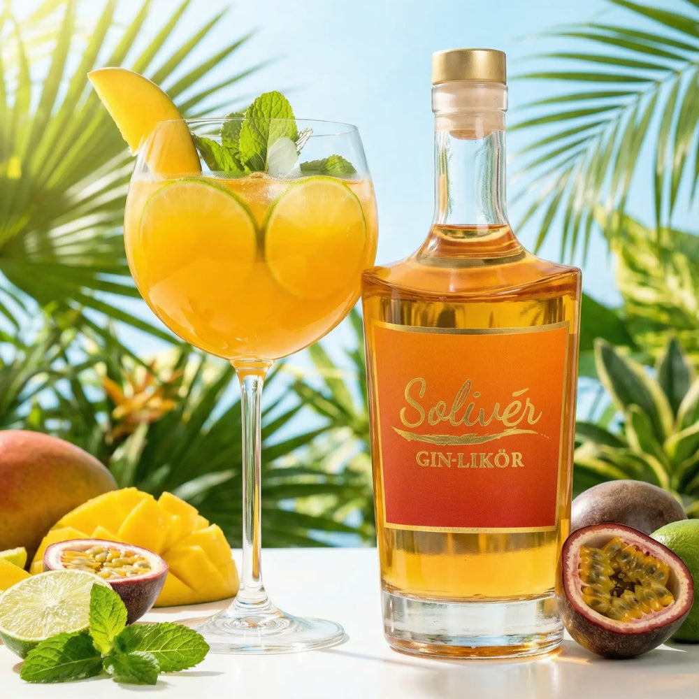 Solivér Mango Maracuja Gin-Likör Flasche neben fruchtigem Cocktail im Glas mit Limette, Minze und Mango, dekoriert mit frischer Passionsfrucht in tropischer Umgebung.